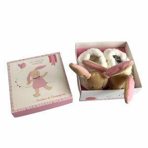 Doudou Paris French Chaussons Baby Shoes Bunny Luxury Soft Plush Slippers, Pink